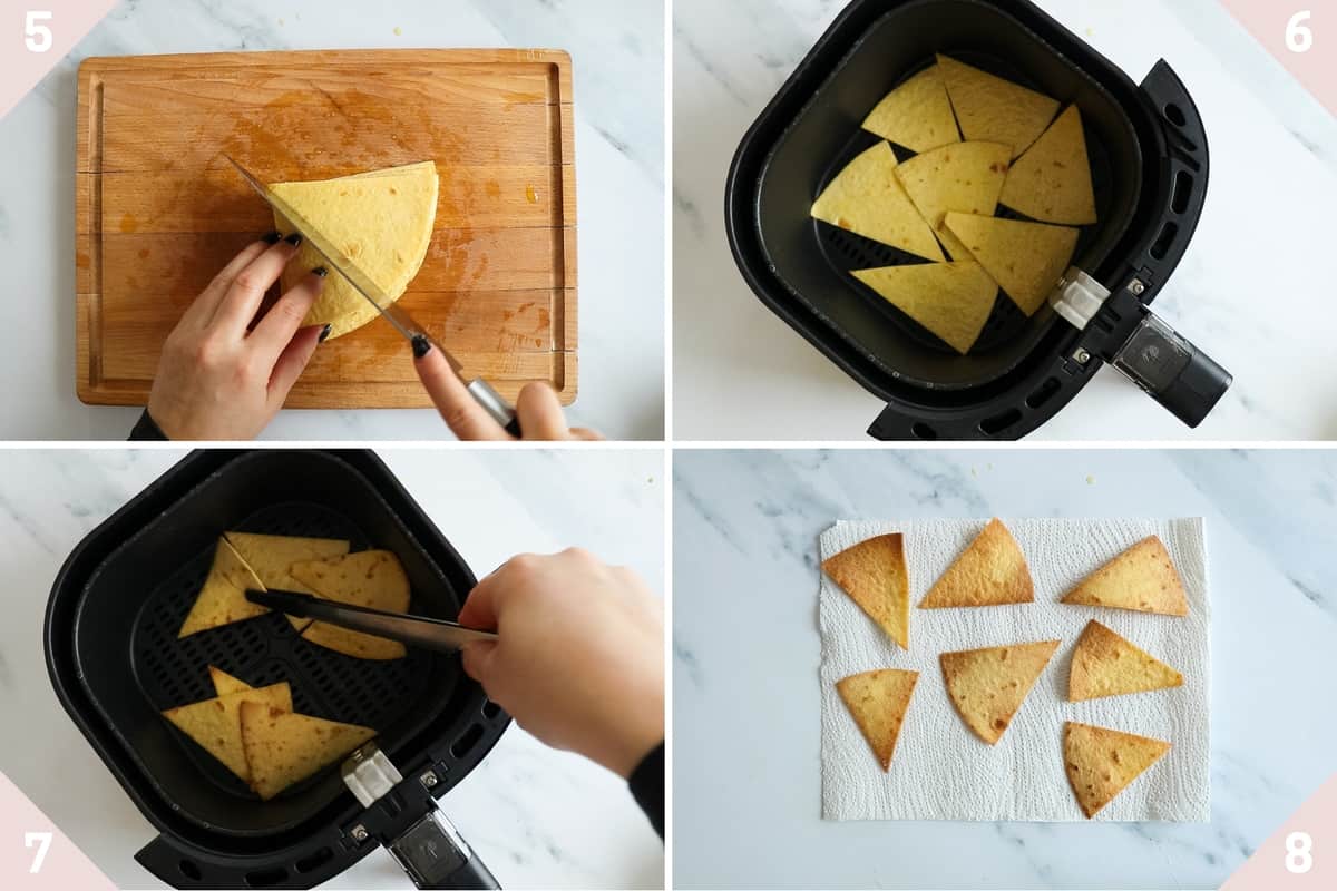 collage montrant comment cuire des chips de tortilla à l'airfryer